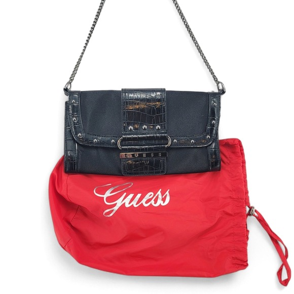 Guess Shoulder Bag Black Croc Embossed Chain Strap Purse with Dust Bag - Picture 1 of 5